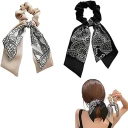 ADORNISH 2 PCS Short Hair Scarf Scrunchies Ties Elegant Satin Bow Scrunchie Flower Floral Hair Ribbon (RANDOM COLOR)-image-93