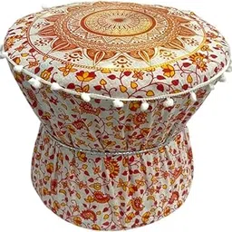 MUDACRAFT Bohemian Cotton Muda Cover Pouf Ottoman Orange Yellow Round Footrest Pouffe with Mandala & Floral Print Mudda Set of 1 Piece Cover ONLY-image-49