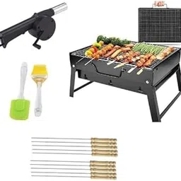 Barbecue Grills - Foldable Charcoal Barbeque Grill With 10 Skewers, 2 Spatula & 1 Air Blower | Outdoor bbq grill tools for Camping Hiking Picnics Traveling - Stellar Black (Barbecue Combo)-image-90