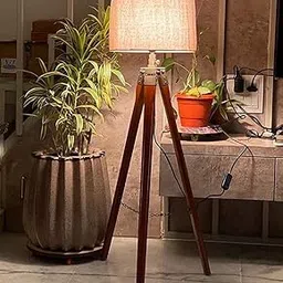 Wooden Tripod Floor Lamp, Modern Standing Light with Fabric Shade, Brown-image-1