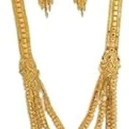 jewellery ze Traditional Gold-Plated Long Necklace Set with Earrings, Intricate Filigree Design, Multi-Layered Pendant-picture-57