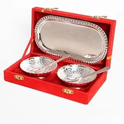 R Ayurveda Copper German Silver Bowl with Royal Velvet Box -5 Pieces Set Gift Item (2 Bowl 2 Spoon 1 Tray)-picture-29