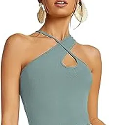 sugathari Women's Skin Criss Cross Front Ribbed Knit Korean Trendy Tank Western Tops for Women Stylish (T-Shirt 183)-picture-19