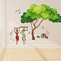 WALLSTICKY Tree with Designed Colorful Leaves and Birds Two Women Sticker-picture-32