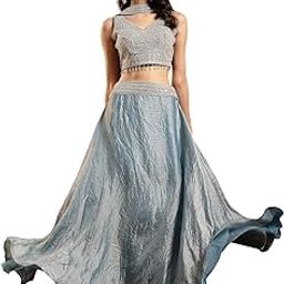 stylum Women's Grey Solid & Embroidered Silk Blend Lehenga Choli With Dupatta-picture-1