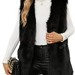PATAKADEVI Faux Fur Coat Jacket Vest | For Stylish Appearance | Black Shaggy Smooth Texture | Sleeveless Long Length | Soft Volume Feel | Lightweight Layering Piece | Fashion Attire Outer Layer-picture-31