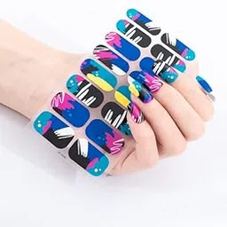 Secret Lives® nail sticker set -blue combo with black yellow white pink color design - includes: nail file, prep pad, & cuticle stick-image-71