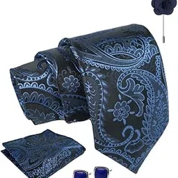 axlon Navy Blue Pasiley Tie For Men – Formal Ties Set With Pocket Square & Tie Pin Clip For Mens, Silk Neckties Gift Sets For Men’s (AX24_28)-picture-21
