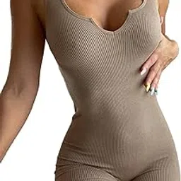 fanuerg Women's Summer Ribbed Sleeveless Tank Top Romper One Piece Bodycon Shorts Jumpsuit, Khaki, Small-picture-34