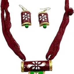 akibuki Long Multicoloured Indian Traditional Terracotta 2 Layer Pendant Necklace and Earring Jewellery Set for Women-picture-29