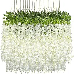 Sheux Artificial Wisteria Hanging Plant Decoration Flowers Outdoor, Festivals, Christmas, Diwali, ganpati, Home, Party, Wedding, Baby Shower for Garland Long Hanging Decor (White, Pack of 12)-picture-66