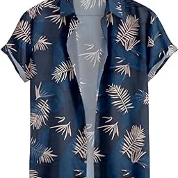 tlaviya Men's Shirt, Navy Blue with Palm Leaf Print, Short Sleeve, Casual Floral-picture-40