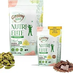 GRAINY GOODNESS Nutrielite Kid’s Nutritional Milk Mix Powder | 25 Certified Organic Ingredients | High Protein & Calcium for Growth & Health | Age 2 to 13 Years | Cardamom (400g) + Chocolate (100g)-image-43