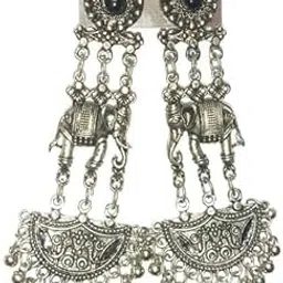 silvlife Oxidised Silver Dangle Earrings, Elephant Motif with Half Moon Beaded Design, Traditional Festive Jewellery for Women & Girls-picture-33