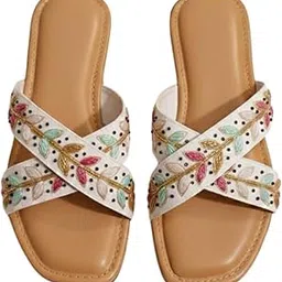 Women's Multicolor Leaf Embroidered Crisscross Slide Fashion Slipper for Wedding Party & Festive-picture-55