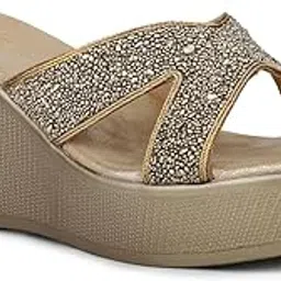 inc.5 Women Gold Party And Club Wear Embellished Round Platform Heel Sandals-picture-46
