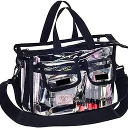 Womens Small Clear PVC Makeup Artist Set Bag Transparent Cosmetic Storage Bag Travel Make Up Kits Organizer Tote Bag With Removable Shoulder Strap Size (27X20X10 Cm), Black-image-7