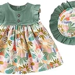 bold n elegant Funky Girl's Cotton Floral Printed Ruffle Sleeve Princess Cute Dress Frock With Fabric Hat Cap For Infant Toddler Midi Baby Girl-picture-17