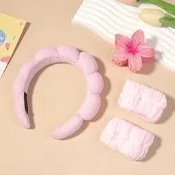 bakefy 4 Elegant Minimalist Hair Accessory Set - 4pcs Women'S Facial Washing Wristbands and Twist Knotted Headbands with Matching Hair Clips - Sponge Padded Cloud Design - Dress Up Headbands Ensemble with Color Matching Prints PINK COMBO-picture-33