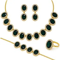Bridal Jewellery Set for Women | Green Stone Studded Necklace Earrings Bracelet Ring | Wedding Engagement Festival Jewellery Collection-picture-34