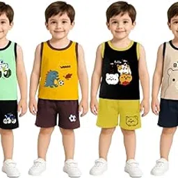 py pinkyou The baby boys and girls Printed Round neck Regular Fit sleeveless cotton blend T-shirt and shorts set image 1