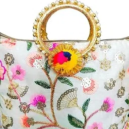 Tanmish World Potli | Silk Wedding bag| Christmas Return Gift | Traditional Embroidered Potli Handbag with Golden Handle–Ethnic Clutch Bag for Women & Girls – Bridal, Wedding(PINK & WHITE) Pack of 10-picture-29