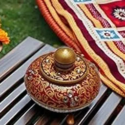 SAUDEEP INDIA 3 Inch Marble Kumkum Box | Decorative Box Sindoor Dibbi | All Purpose Box | Marble Sindoor Dani with Meenakari Work (Orange)-image-11