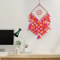 DULI Dreamcatcher Wall Hanging Dream Catcher Handmade Wall Art for Bedrooms, Office, Balcony, Outdoors, Garden, Home, Car Hanging, Dreamcatcher (Square DC: Pink Orange)-picture-35