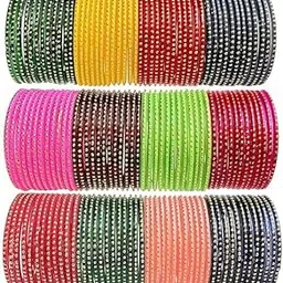 Traditional Indian Glass Bangles Set, Multicolor Studded Bracelets, Fashion Jewelry Collection for Women, 12 Colors-picture-23