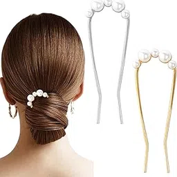 French Hair Pins for Women, 2PCS U Shape Metal Hair Pin for Thick Hair Gold Silver French Twist Hair Pin, Bow Pearl Hair Pins for Women, Elegant Hair Accessories-picture-24