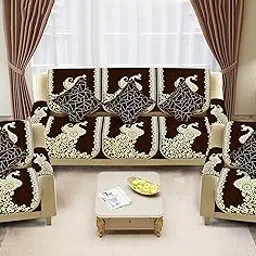 Dazzling DECOR Velvet Sofa Cover with Arm Cover and Cushion Covers Set of 5 Seater - Sofa Covers 3 Seater and 2 Seater Full Cover Set for Couch Seat - Heavy Fabric Sofa Slip Protector, 2923_Brown-picture-31