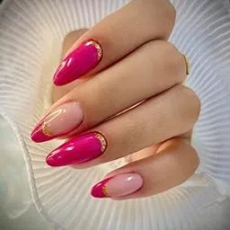 FWS Artificial fake Press On Nails Art Set (Set Of 20) Reusable Nails Extension,BridalNails,Stick-On Nails,Manicure Art Set, AcrylicNails,False Nails,DesignerNails | Nail Glue, Nail file, cuticle pusher, cleaning wipe | Glossy Pink French Golden Glitter Shape Long Oval-picture-37