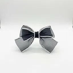 Elegant Double Bow Hair Clip, Grey Fabric with White Pom Pom Trim, 12 cm Classic Decorative Hair Accessory for Women, Romantic Style (grey)-image-31