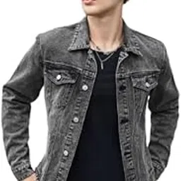 Men's Classic Washed Denim Jacket, Grey, Button Front Closure with Flap Pockets-picture-13