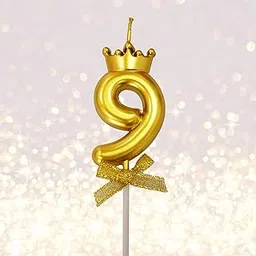 FI - FLICK IN 1 Pc 9 Number Candle for Birthday Cake Metallic Gold Number Nine Candle with Crown on Top for Anniversary Cake Topper 9th Birthday Cake Decoration 0-9 Number Candles (Pack of 1, Gold)-picture-18