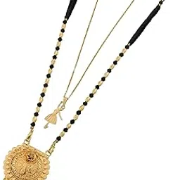 Women's Gold Plated Peacock Motif Mangalsutra with Enamel Work and Ballerina Pendant Layered Necklace Set, Traditional Black Beaded Indian Jewelry for Festive Occasions-MD-117-image-59