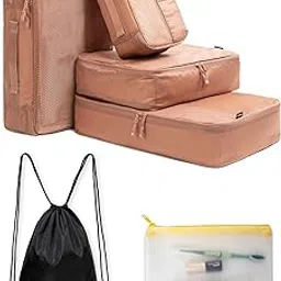 Destinio Packing Cubes for Travel, 6 in 1 Water Resistant Travel Organizer Pouch Set (4 Cubes+ Drawstring Bag+ Cosmetic Pouch), Luggage Suitcase Wardrobe Organiser Bags for Clothes Shoes (Mocha)-picture-44