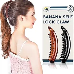 Sanas Banana Clips 2Pcs Hair Clip Banana Clips For Big Size Women Accessories Korean Accessories For Stylish Hair Self Lock Hair Clutch 2Pcs Black & Brwon-image-62