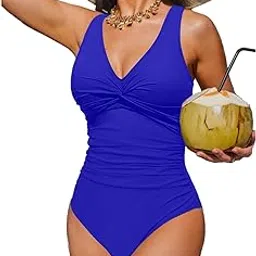 holipick One Piece Swimsuit for Women Vintage V Neck Twist Bathing Suit Tummy Control Slimming Monokini, Royal Blue, Medium-picture-43