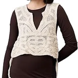 Women Beige Self Design V-Neck Sleeveless Tie-Up Detail Crochet Vest Top-S-image-19