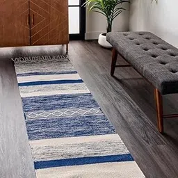 ALSTONIA Hand Woven 100% Cotton Export Quality Designer Rug, Bed Side Runner for Bedroom, Passage,Living Room, Size-2x5 feet or 60 cms x 152 cms | Eco Friendly (Blue & White Tessels)-picture-65