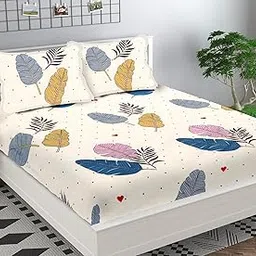 Decorative Feather Print Bedding Set, White with Blue, Yellow and Pink Leaves Pattern, Modern Botanical Design, Cotton Bed Sheets with Pillowcases-picture-14