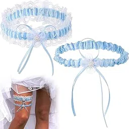 Excefore Blue Bridal Garter, 2Pcs Lace Garter Belts, Lace Wedding Garters with Flower, Tie Leg Ring Cute Lace Leg Band Elastic Leg Ring for Prom Dance Cosplay Party for Bridal Bridesmaid-picture-14