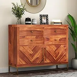 GateWay Furniture Solid Sheesham Wood Sideboard Cabinet with 4 Drawer & 2 Shelves - Chest of Drawers Wooden Drawer Storage Cabinet for Bedroom Living Room Storage Furniture Decor (Design 24)-picture-16
