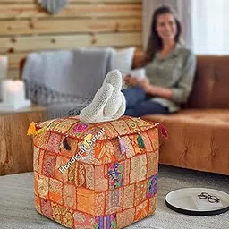 Orange Pouf Cover16x16x16 Inch Handmade Square Bean Bag Cover Khambadiya Embroidery Living Room Decor Foot Stool Indoor Outdoor Patchwork Pouf Case-image-47