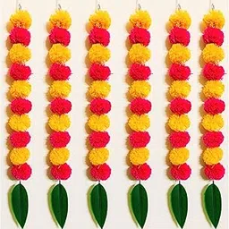 SPHINX Artificial Marigold Fluffy Flowers and Mango Leaves Short Garlands/latkans/Strings for Decoration (Approx. 2 ft.) 6 Pieces - (Light Orange and Red)-picture-11