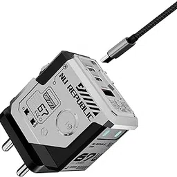 Nu Republic Cybotron 67W GaN with Type-C to Type-C Cable, 3 Ports - 2 Type C & 1 USB, Type C Laptops Fast Charger with PD Technology & GaN Technology for All Devices, Powerblitz™ Technology (Silver)-picture-47