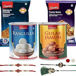 Chheda's Bhaiya Bhabhi Rakhi with Roli & Chawal - Raksha Bandhan Gift Combo - Rasgulla, Gulabjamun, Tasty Nuts, Mahalaxmi Chivda - Sweets & Namkeen Gift Hamper - Rakhi for Brother-picture-10