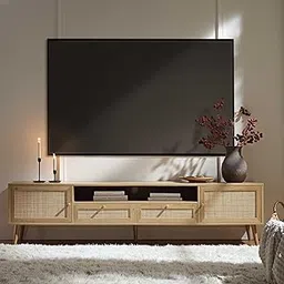 Modern Rattan TV Stand Entertainment Unit Natural Wood 200 cm Wide Media Console with Rattan Mesh Doors-picture-15