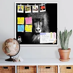 ArtzFolio Baboon with Yellow Eyes | Bulletin Board Notice Pin Board | Vision Soft Board Combo with Thumb Push Pins & Sticky Notes | White Frame | 12 x 12 inch (30 x 30 cms) image 1